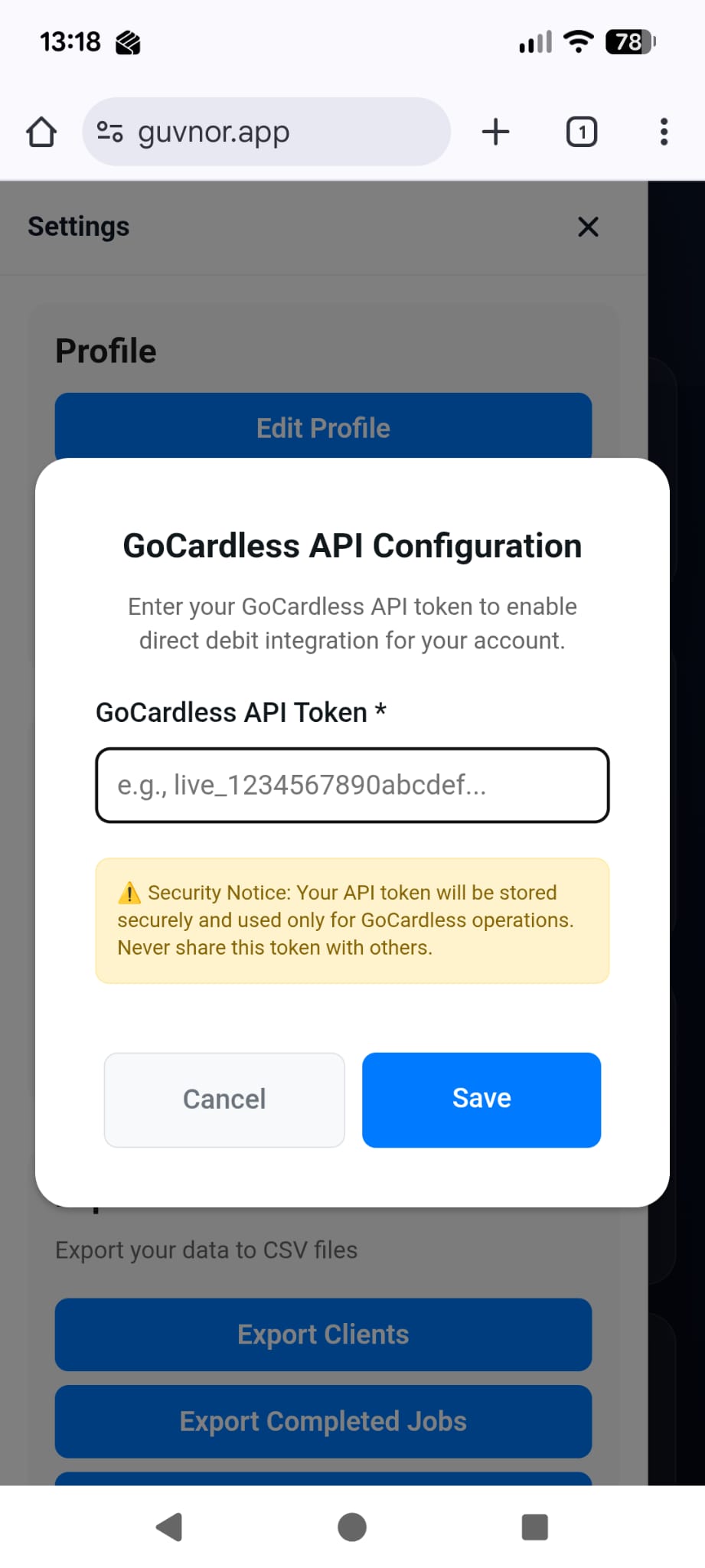Link GoCardless settings screen