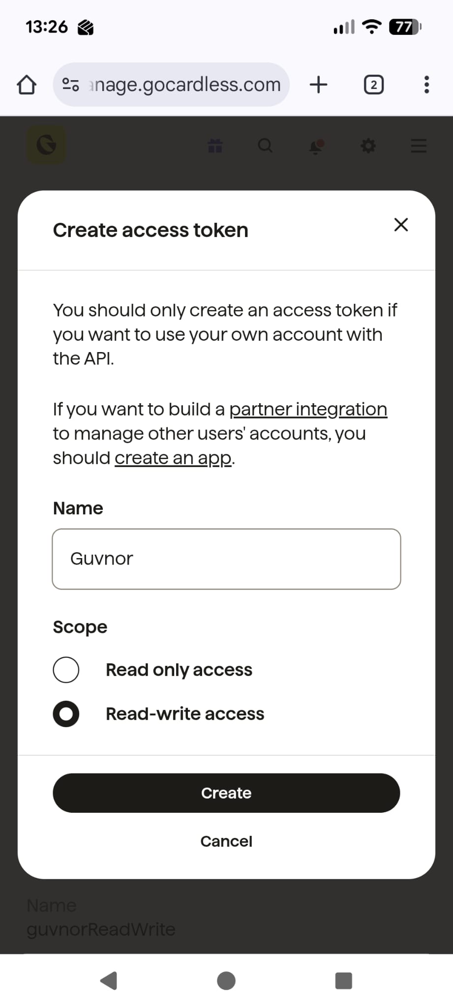 Create GoCardless access token