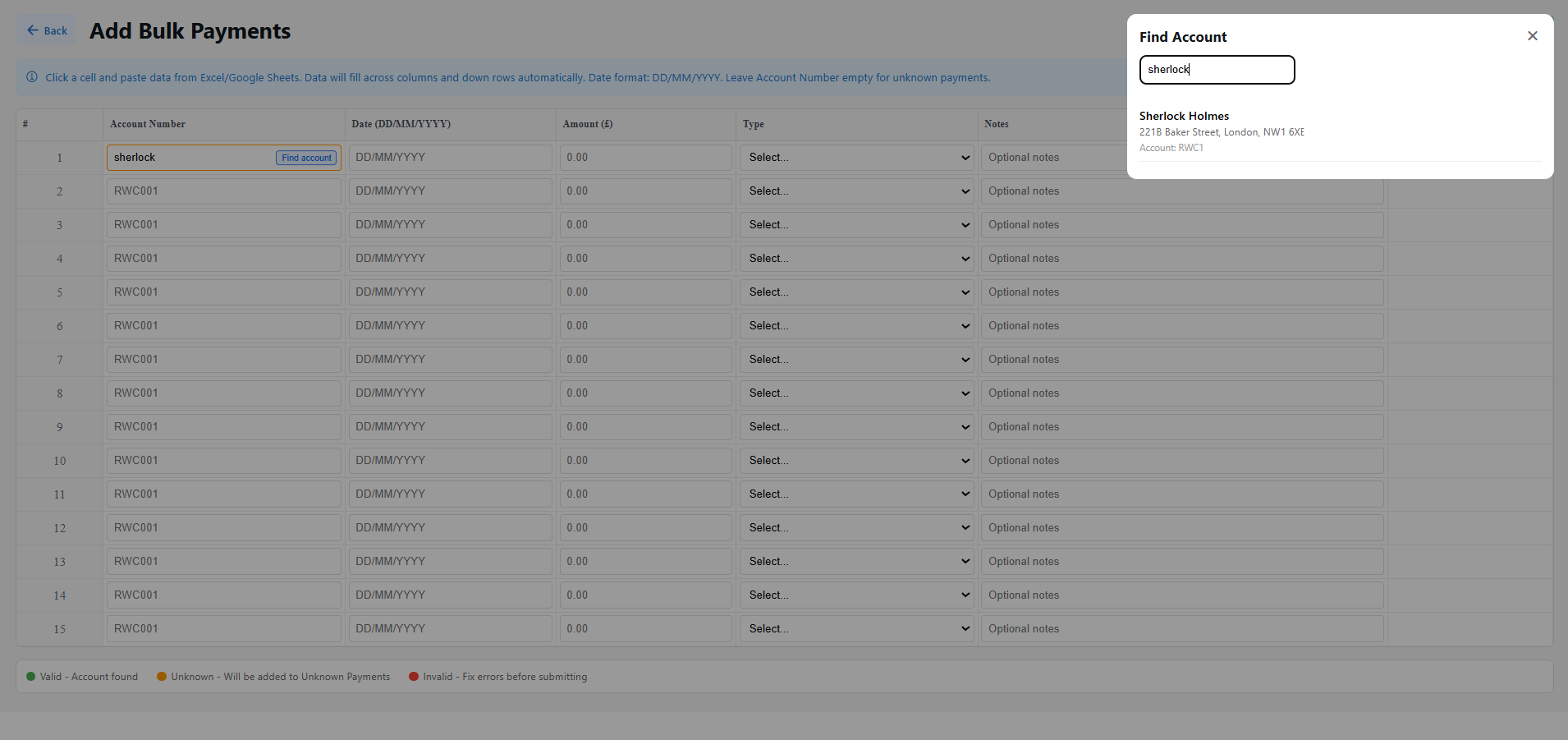 Bulk payments import screen